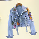 Women's Short Denim Jacket With Flower Embroidery. Cotton,Denim,Jacket