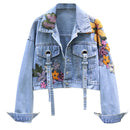Women's Short Denim Jacket With Flower Embroidery. Cotton,Denim,Jacket
