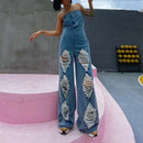 Ripped High-waisted Western-style Straight Wide-leg Denim Jumpsuit. Cotton,Denim,Jumpsuit