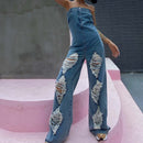 Ripped High-waisted Western-style Straight Wide-leg Denim Jumpsuit. Cotton,Denim,Jumpsuit