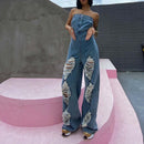 Ripped High-waisted Western-style Straight Wide-leg Denim Jumpsuit. Cotton,Denim,Jumpsuit