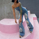 Ripped High-waisted Western-style Straight Wide-leg Denim Jumpsuit. Cotton,Denim,Jumpsuit