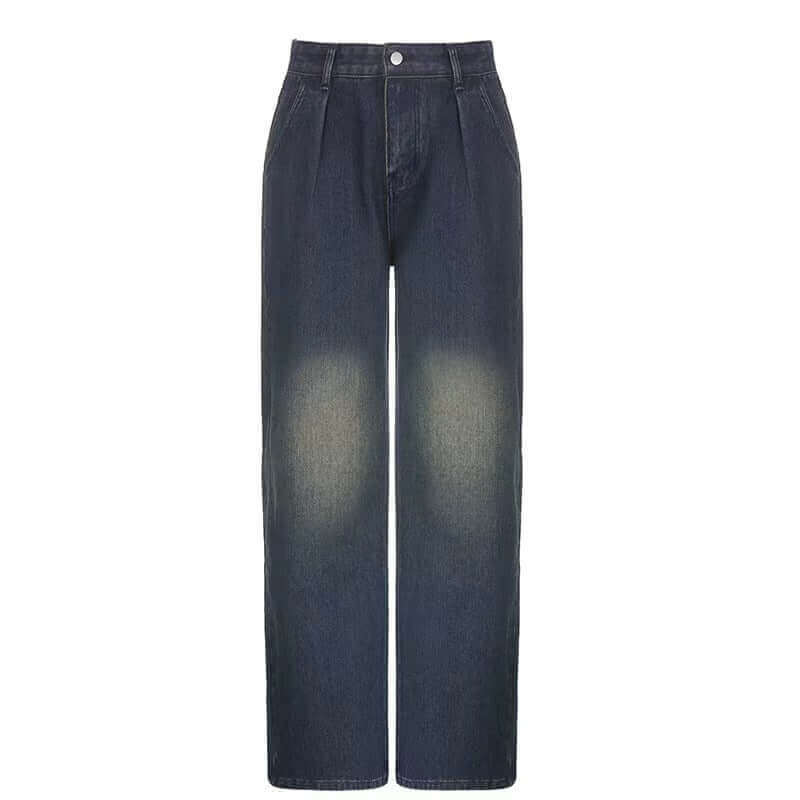 Washed Loose-Fit Simple High Waist Wide Leg Retro Blue Jeans.