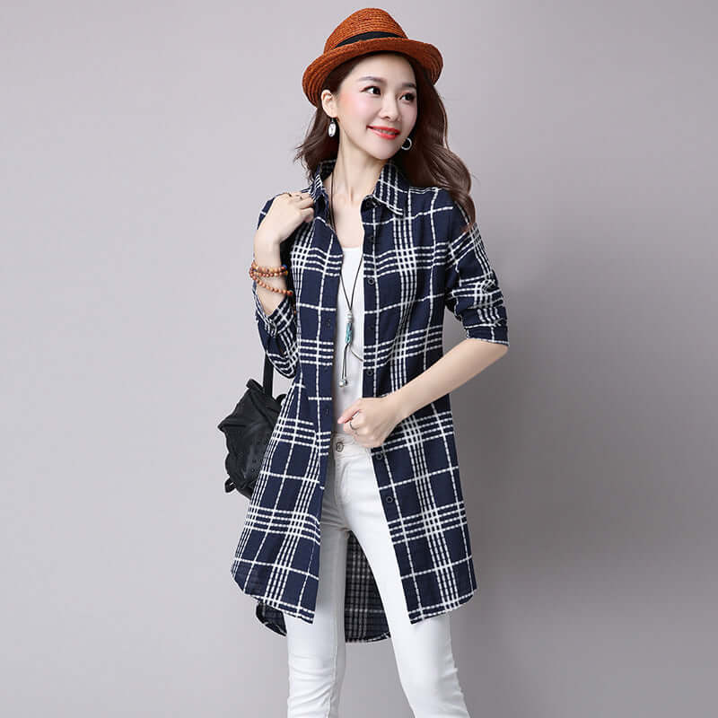 Plaid Women's Shirt, Long Sleeves, Loose And Thin, Mid-length Women. Long Sleeve,Loose,Shirt