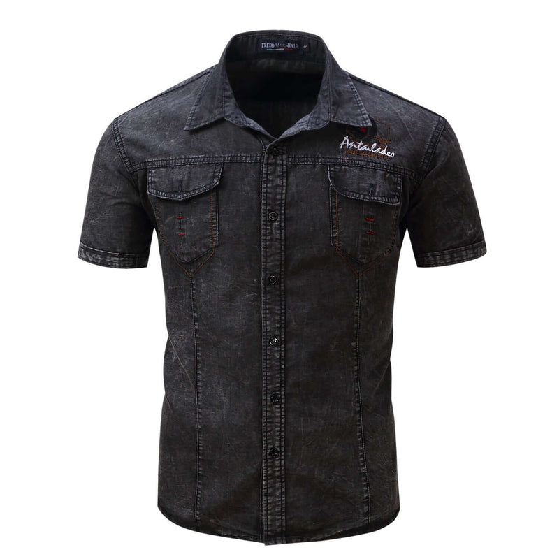 Men's Short Sleeve Denim Shirt Nostalgic Military Shirt. Denim,Shirt,Short Sleeve