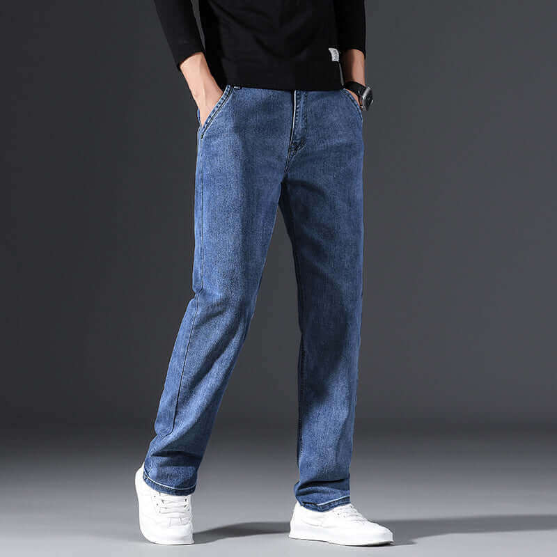 Men's Business Casual High Waist Stretch Jeans Simple Fashion Straight Loose Jeans. Cotton,Denim,Jeans,Straight