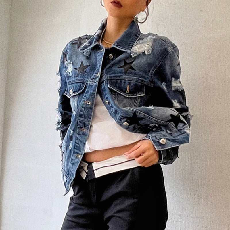 Lapel Star Patch Shredded Single Breasted Denim Jacket For Women