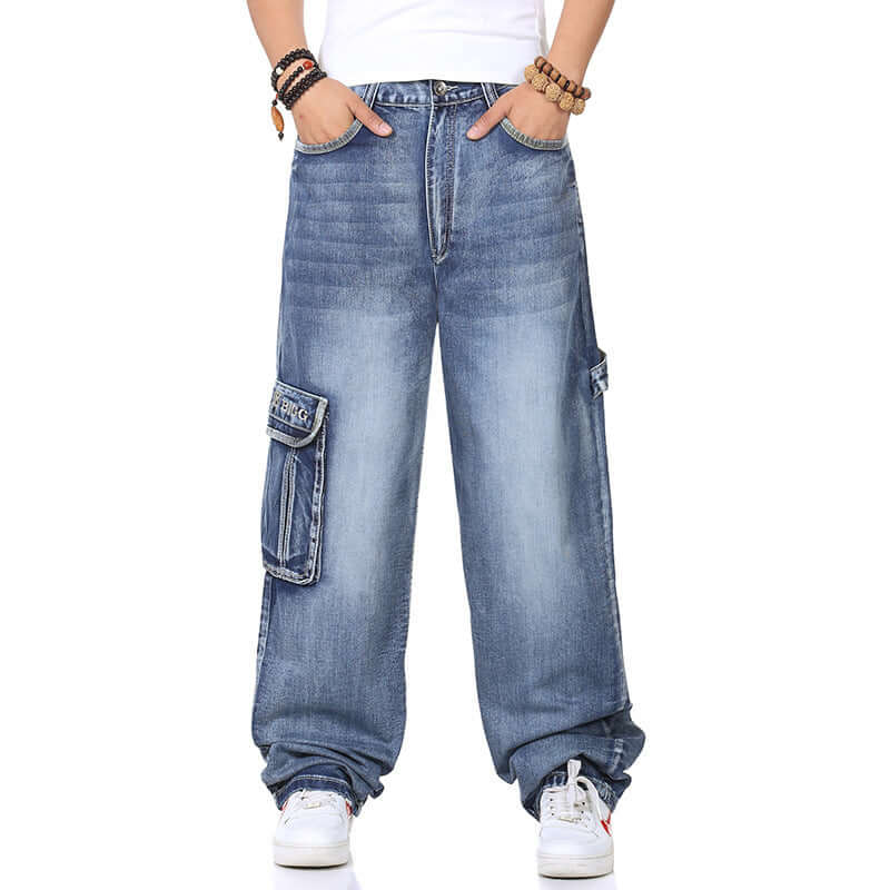 Large Fashion Multi-pocket Wide Jeans. Denim,Jeans,Pockets,Wide