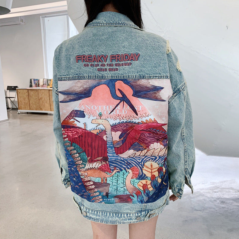 European And American Fashion Back Dinosaur Patch Couple Denim Jacket
