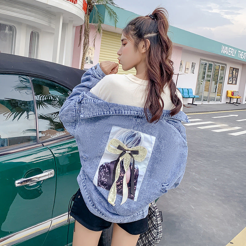 Women's All-match Ripped Patch Denim Jacket Top