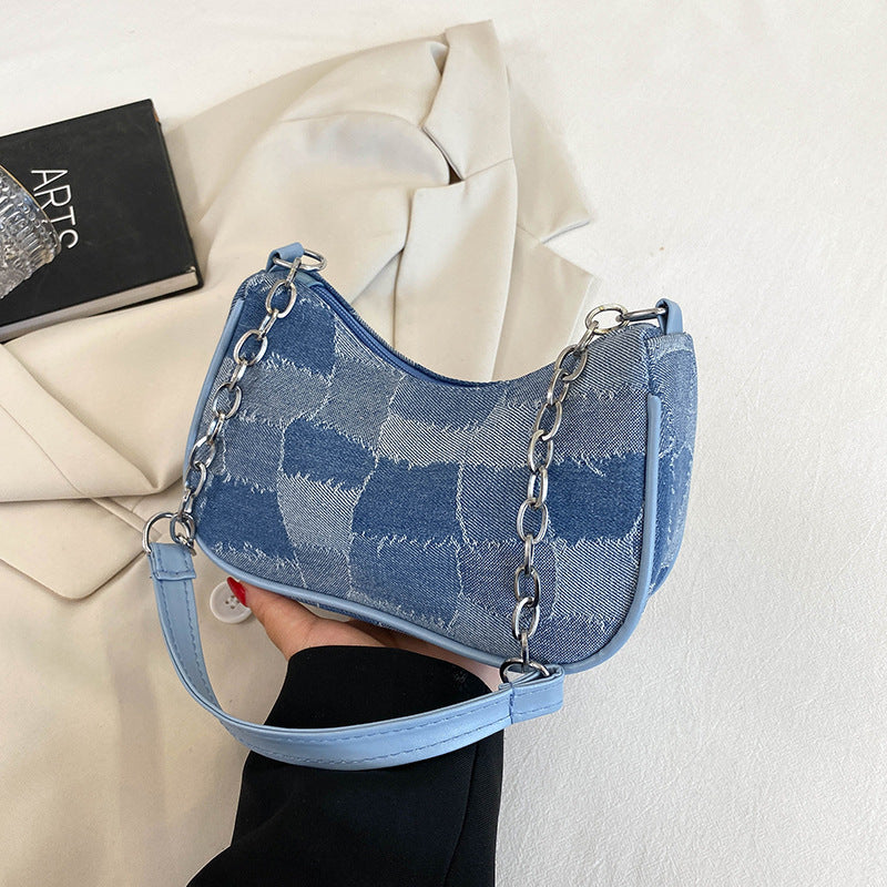 Denim Shoulder Bag Simple Plaid Patchwork Underarm Bag Women. Bag,Cotton,Denim