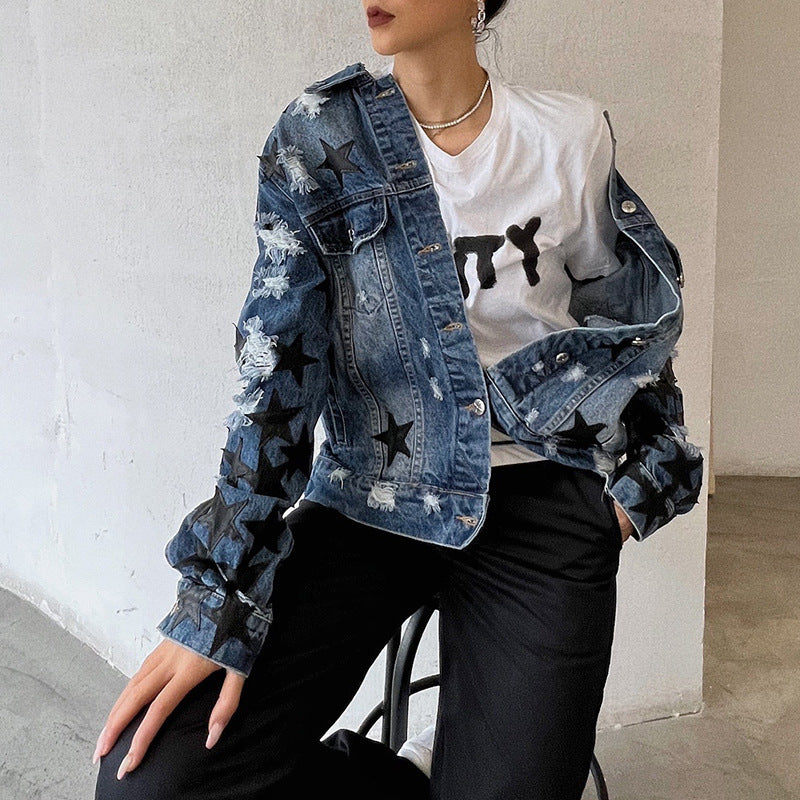 Lapel Star Patch Shredded Single Breasted Denim Jacket For Women