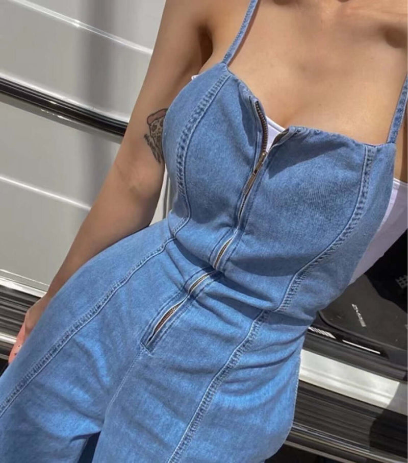 Front Long Zipper Sling Back Wide Leg Denim Jumpsuit. Cotton,Denim,Jumpsuit