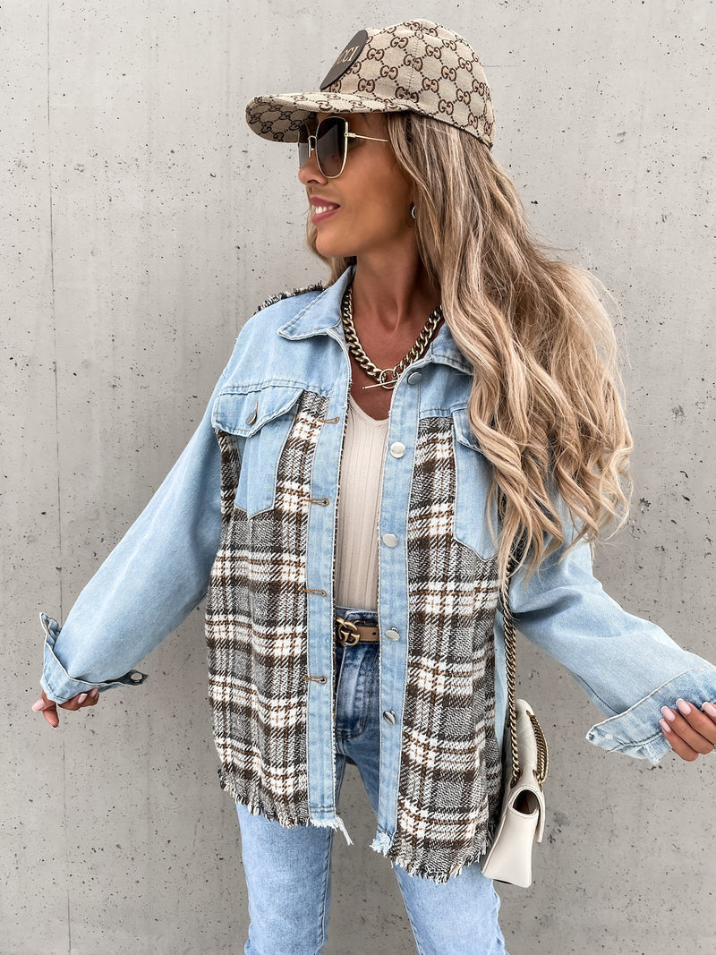 Denim Stitching Plaid Coat Loose Top Women. Cotton,Denim,Jacket