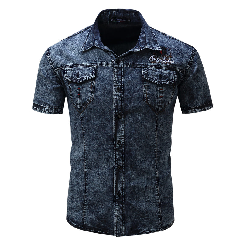 Men's Short Sleeve Denim Shirt Nostalgic Military Shirt. Denim,Shirt,Short Sleeve