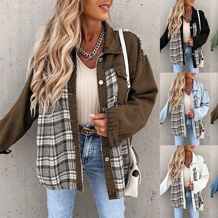 Denim Jacket Long Sleeve Plaid Button Down Shirt. Cotton,Denim,Jacket