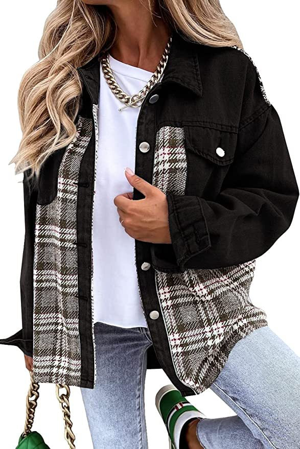 Denim Jacket Long Sleeve Plaid Button Down Shirt. Cotton,Denim,Jacket