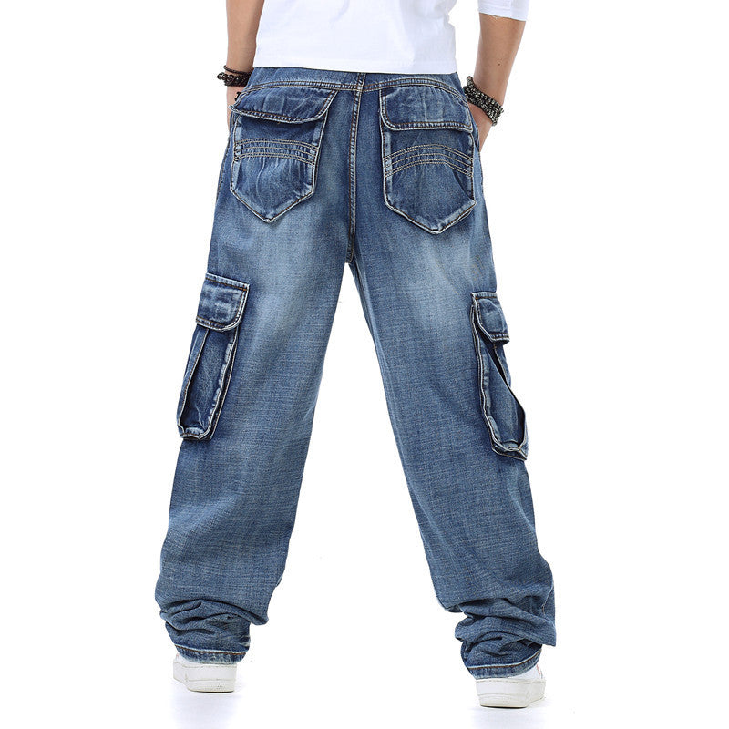 Large Fashion Multi-pocket Wide Jeans. Denim,Jeans,Pockets,Wide