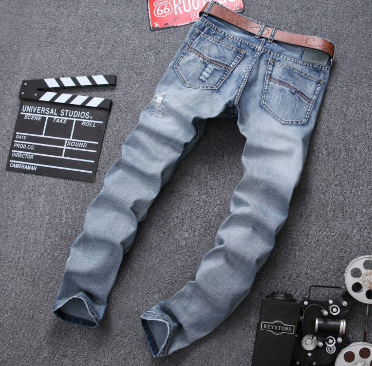 Men’s Fashion Ripped Jeans Light Blue Slim Fit Distressed Denim Jeans. Denim,Distressed,Jeans,Light,ripped,Slim