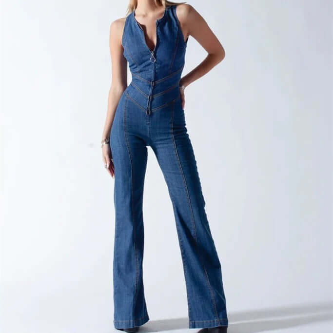 Spring Slim Fit Slimming Fashion Street Retro Style High Waist Denim Jumpsuit. Cotton,Denim,Jumpsuit