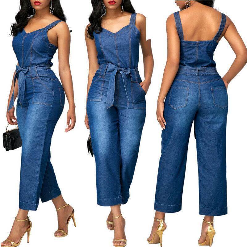 Sling Bowknot Denim Jumpsuit. Cotton,Denim,Jumpsuit