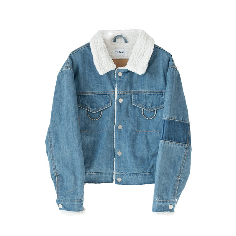 Lamb hair denim jacket female short section thick denim jacket