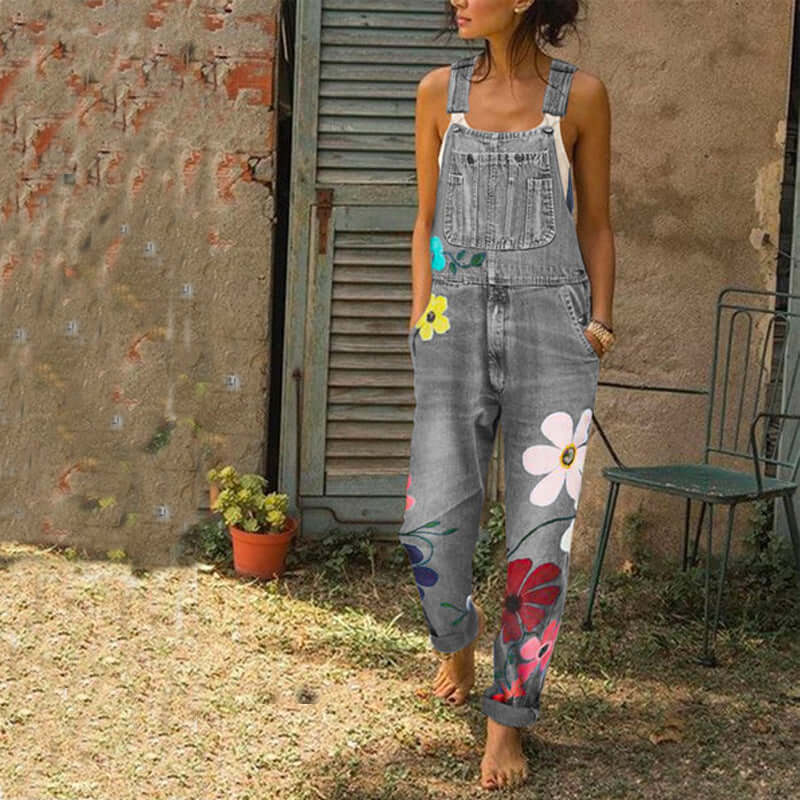 Floral Print Denim Overalls Long Trousers Jumpsuit With Pockets. Cotton,Denim,Jumpsuit