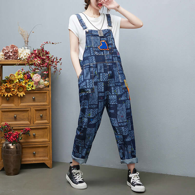 Large Size Denim European Printed Denim Fashion Girl. Cotton,Denim,Jumpsuit