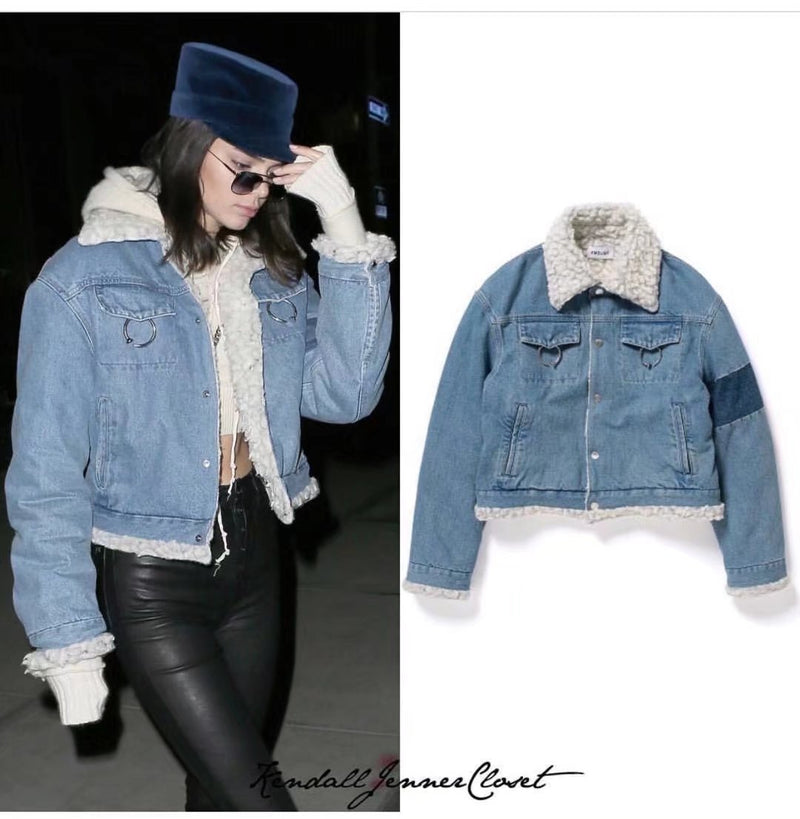 Lamb hair denim jacket female short section thick denim jacket