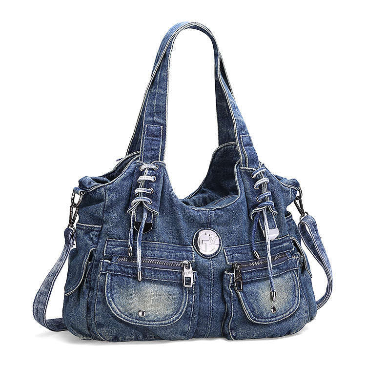 Leisure Fashion Big Denim Shoulder Bag. Bag,Cotton,Denim,Pockets