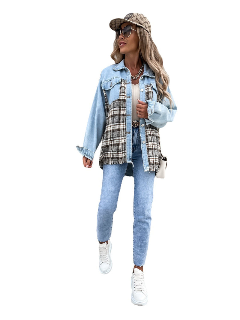 Denim Stitching Plaid Coat Loose Top Women. Cotton,Denim,Jacket