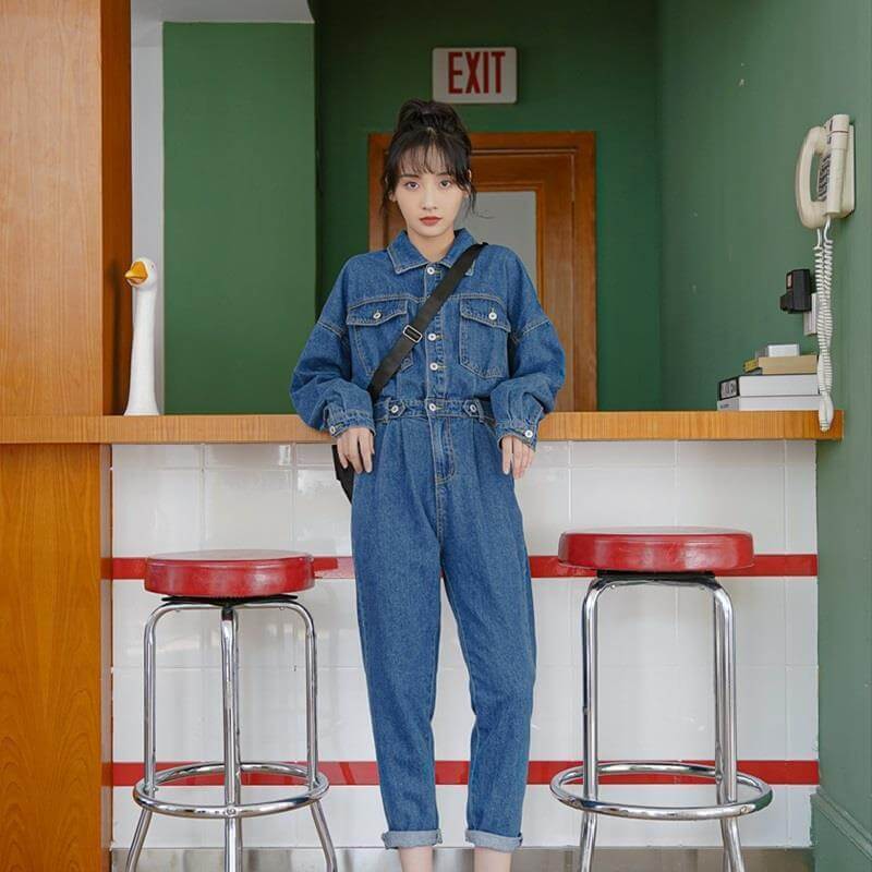 Spring and Autumn High Waist Slimming Denim Jumpsuit Women. Cotton,Denim,Jumpsuit