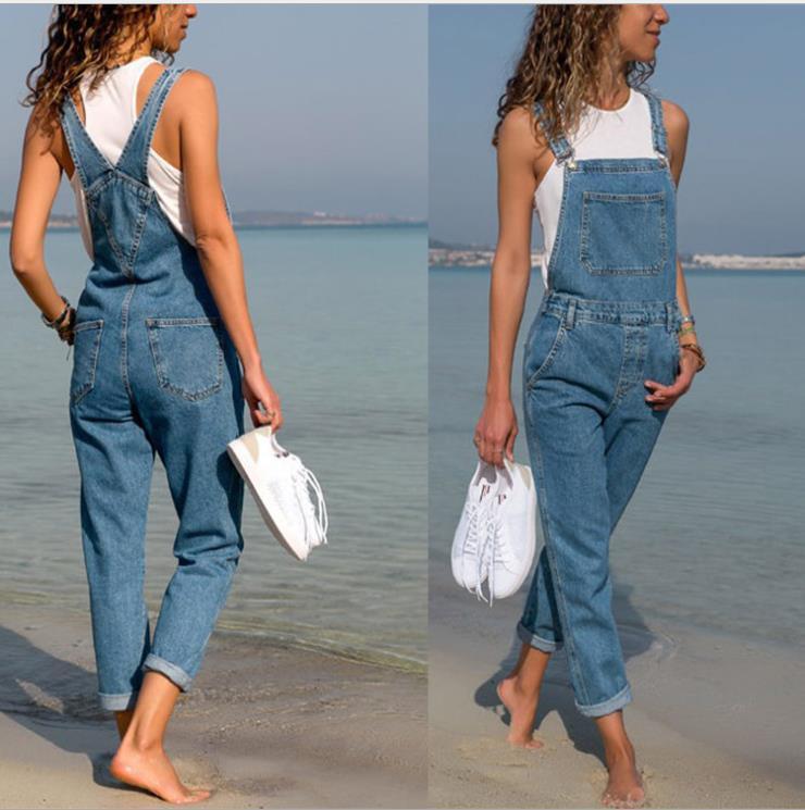 Ladies' Long Blue Jeans With Straps.