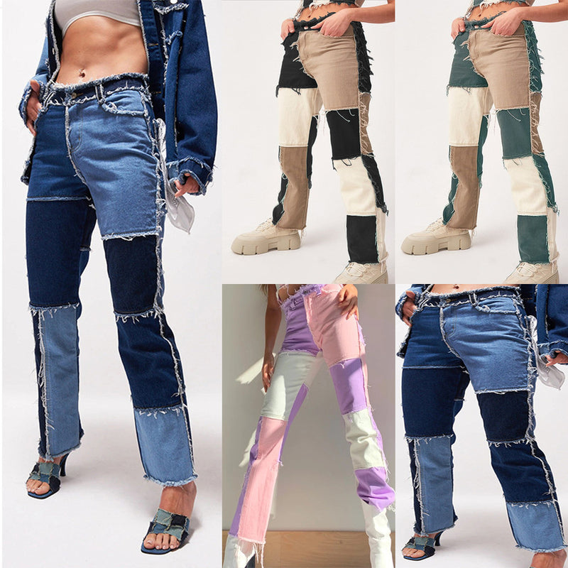 High Elastic Stitching Raw Edge Women's Straight-leg Jeans.