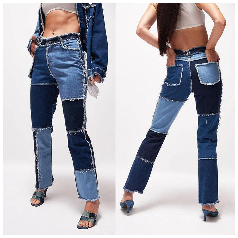 High Elastic Stitching Raw Edge Women's Straight-leg Jeans.