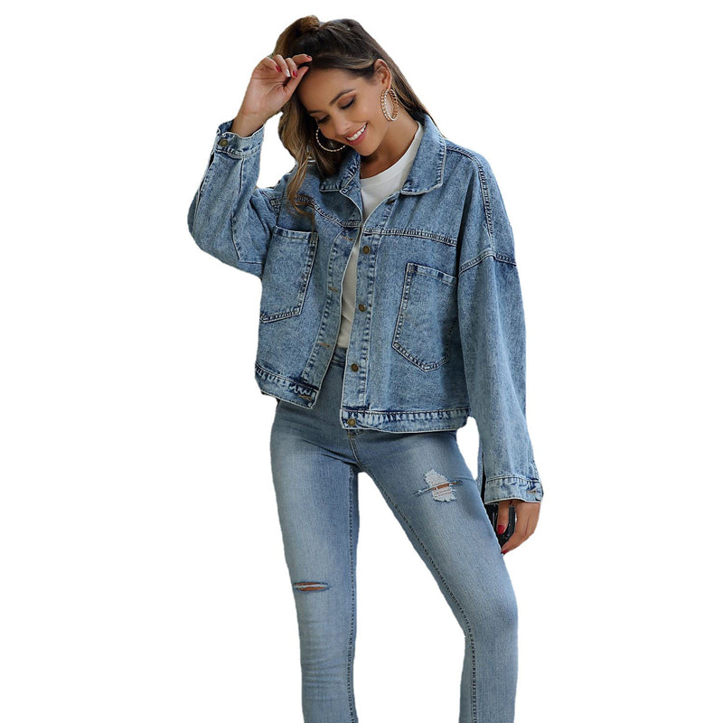 Water Blue Short Loose Casual Denim Jacket. Cotton,Denim,Jacket