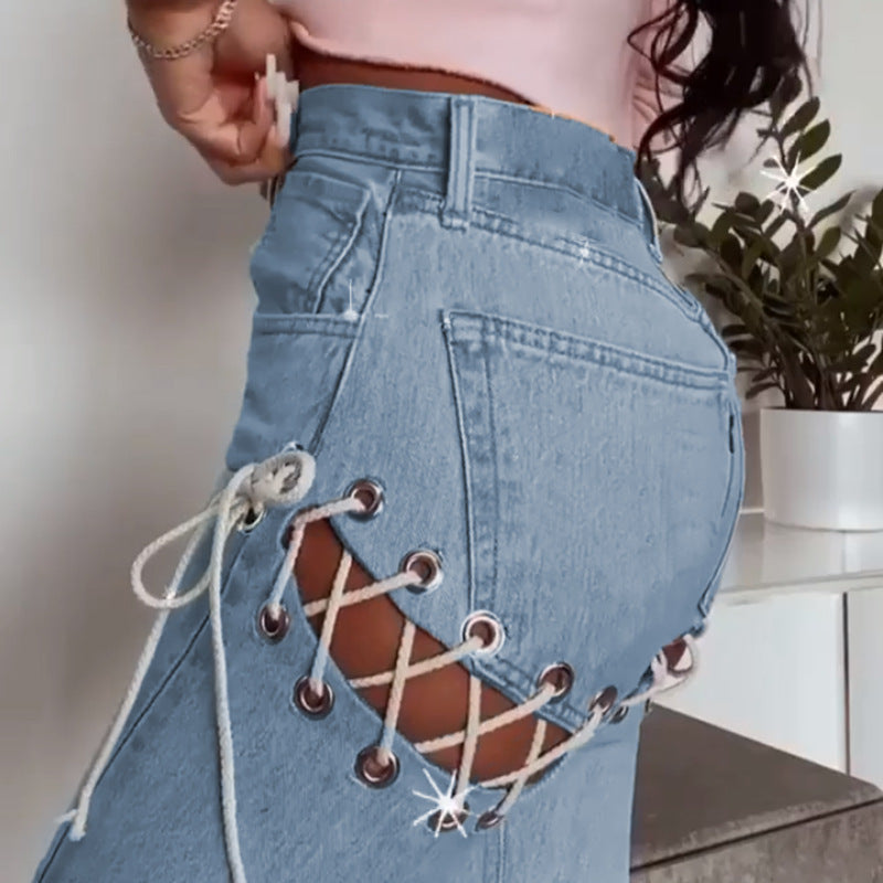 Women's Laced Thigh, High-Waisted Straight-Leg Jeans.