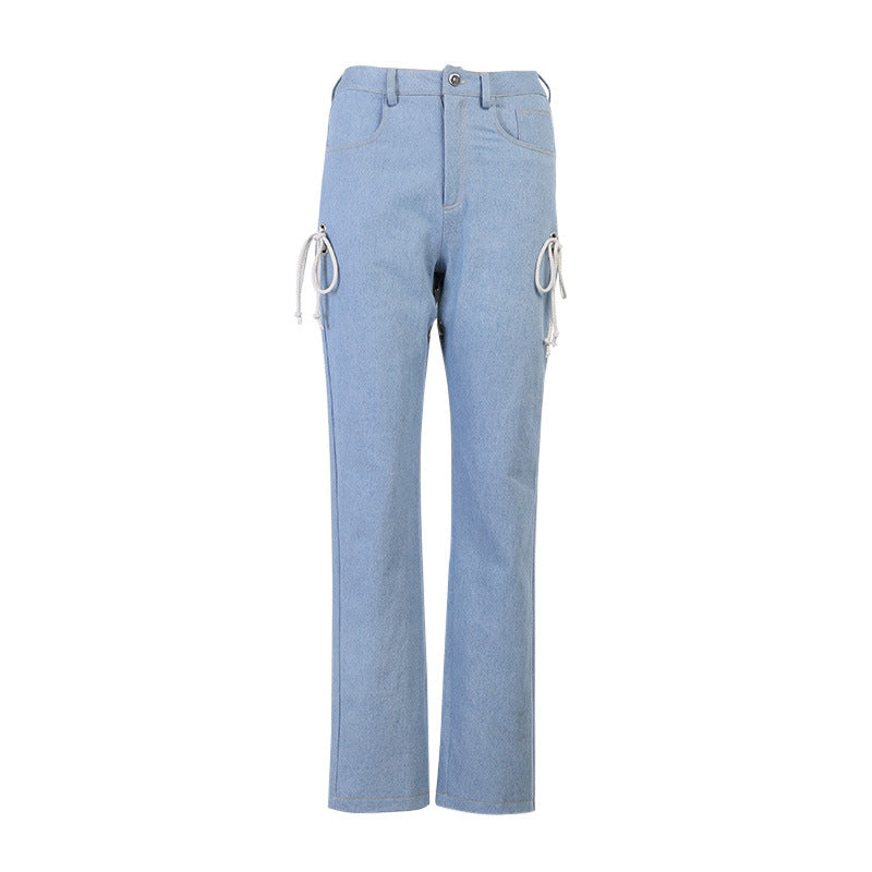 Women's Laced Thigh, High-Waisted Straight-Leg Jeans.