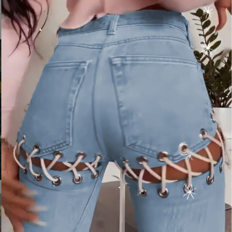 Women's Laced Thigh, High-Waisted Straight-Leg Jeans.