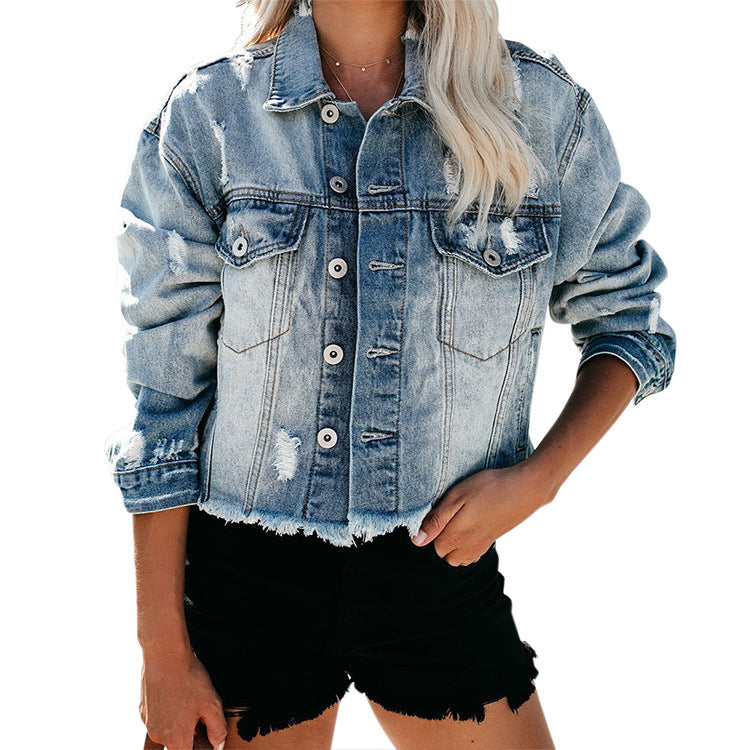 Ladies Denim Jacket Washed. Cotton,Denim,Jacket,ripped