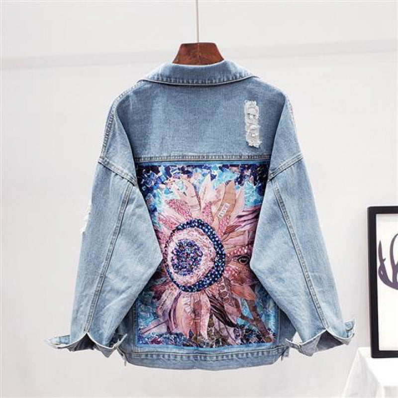 Loose Denim Jacket With White Patch And Ripped Holes