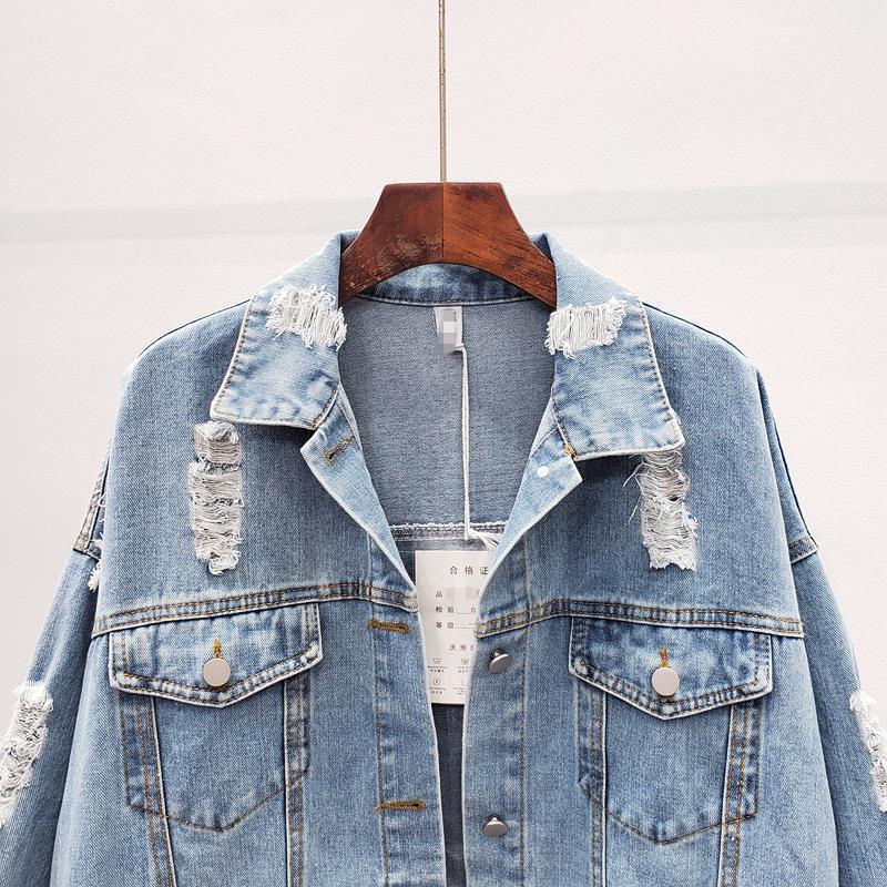 Loose Denim Jacket With White Patch And Ripped Holes