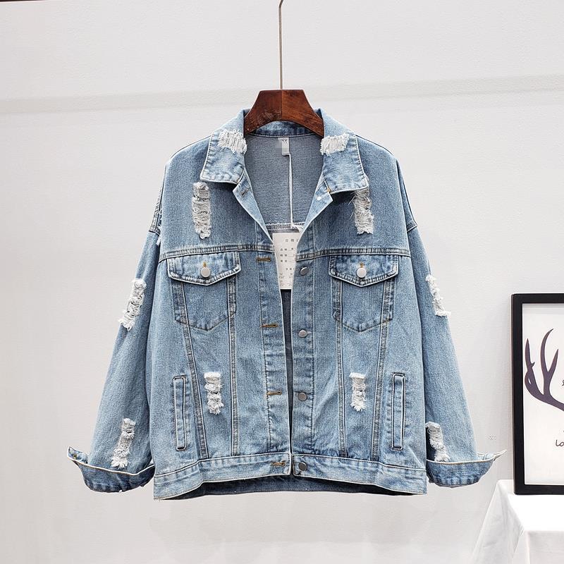 Loose Denim Jacket With White Patch And Ripped Holes