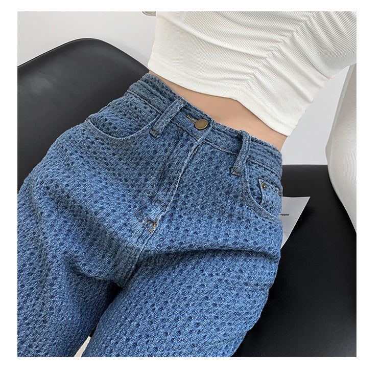 European And American Style Straight Leg Jeans Women's High Waist Slimming Knitted Look. Jeans