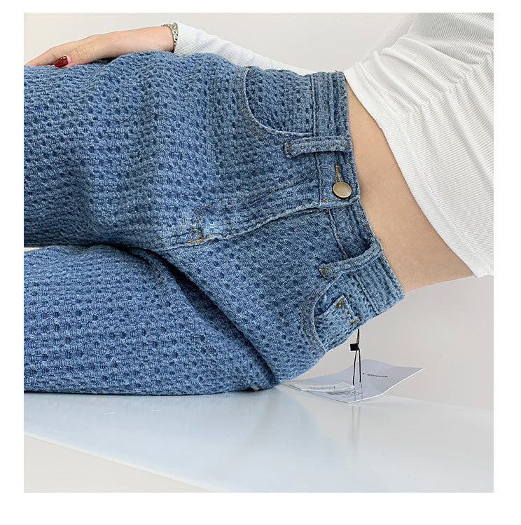 European And American Style Straight Leg Jeans Women's High Waist Slimming Knitted Look. Jeans