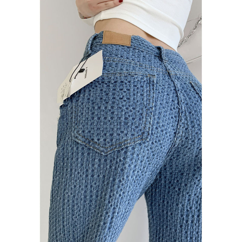 European And American Style Straight Leg Jeans Women's High Waist Slimming Knitted Look. Jeans