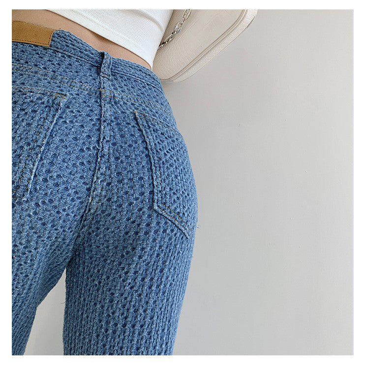 European And American Style Straight Leg Jeans Women's High Waist Slimming Knitted Look. Jeans