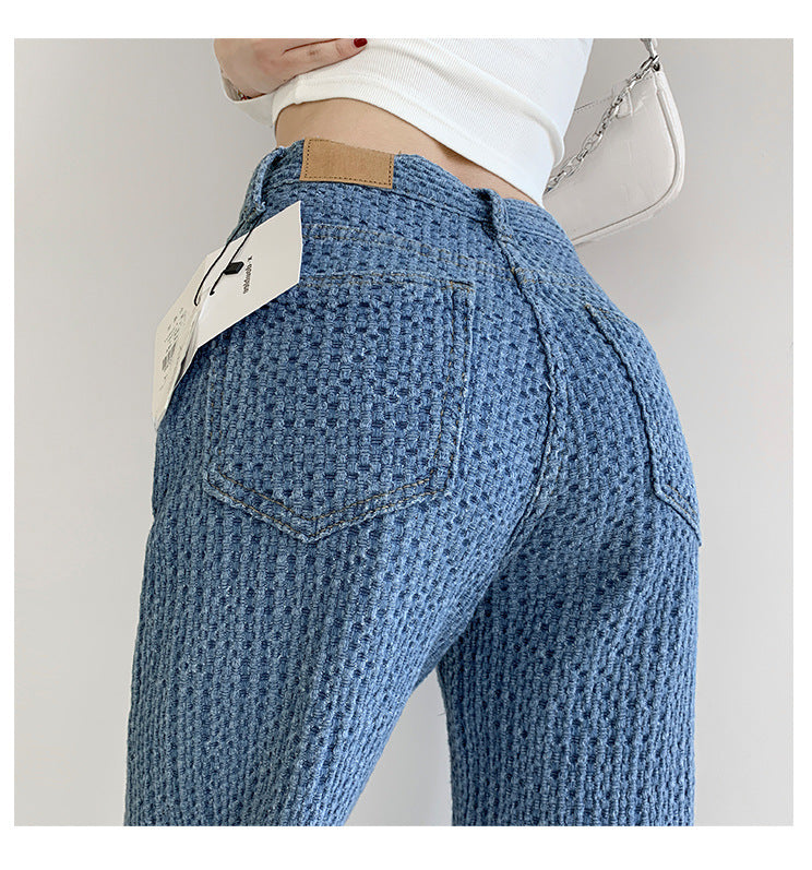 European And American Style Straight Leg Jeans Women's High Waist Slimming Knitted Look. Jeans