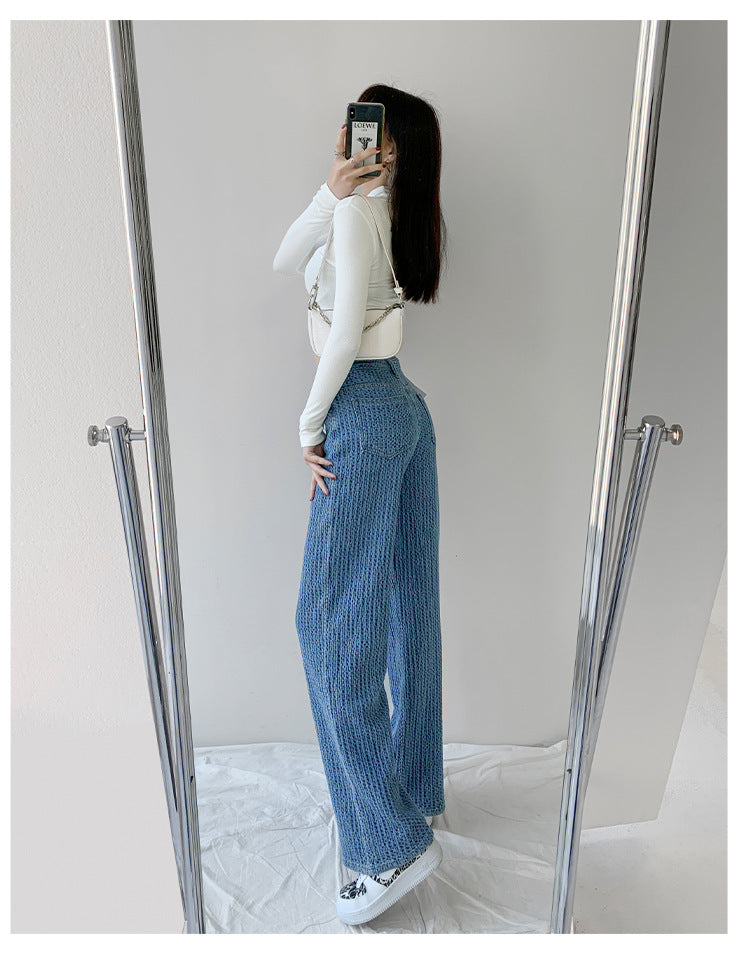 European And American Style Straight Leg Jeans Women's High Waist Slimming Knitted Look. Jeans