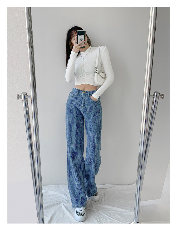 European And American Style Straight Leg Jeans Women's High Waist Slimming Knitted Look. Jeans